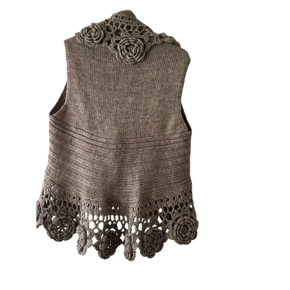 Roz & Ali Womens Crochet Knit Floral Vest 14/16 Wool Blend Sleeveless Open Front - Picture 2 of 10